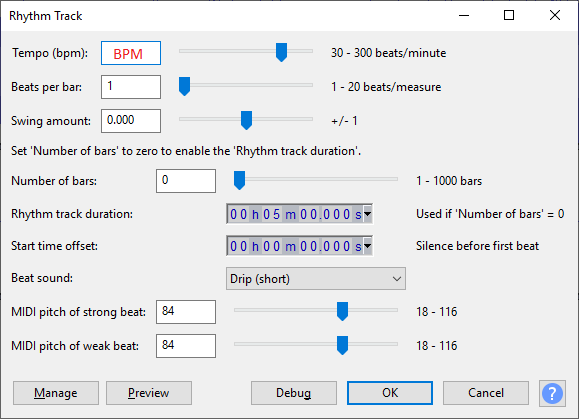 Audacity Rhythm Track Menu