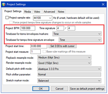 Reaper Project Settings Window