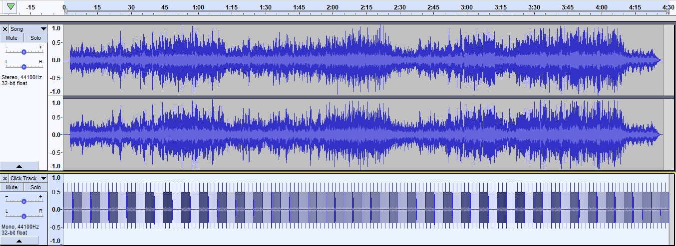 Audacity Hauptbildschirm mit Song-Spur und Rhythmus Spur